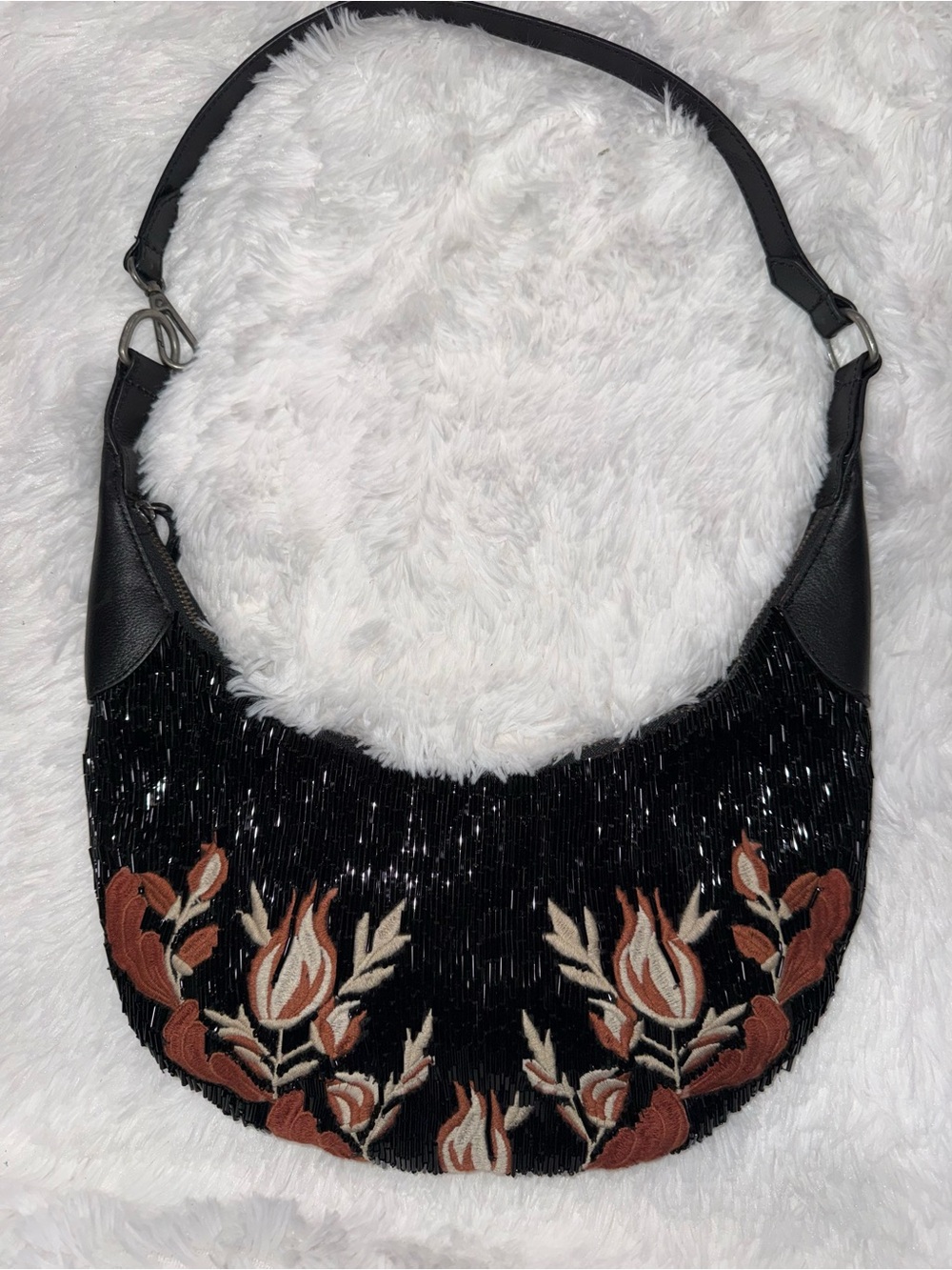 Free People Black Beaded Shoulder Bag with Brown and Cream Floral Embroidery
